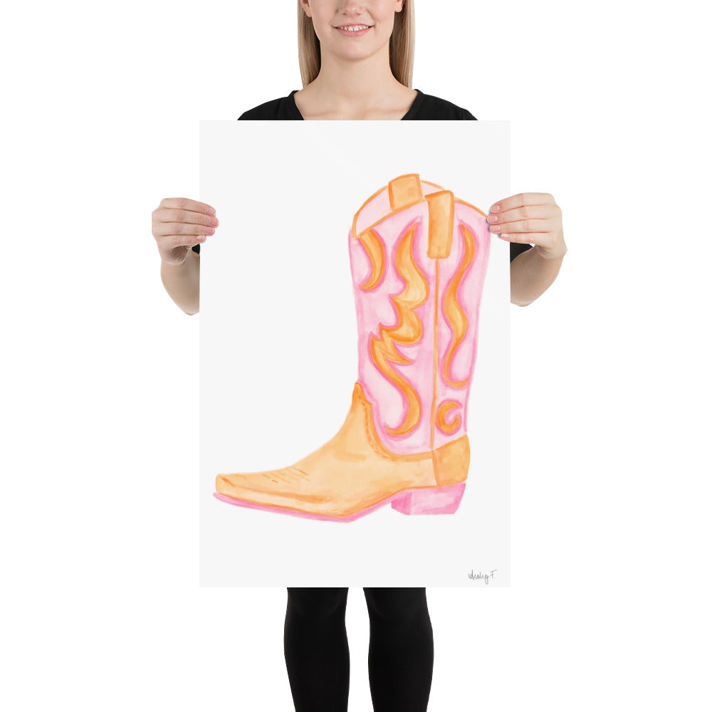 Print | Pink & Orange Cowboy Boot | Cowgirl Art | Dorm Decor | Southern | Preppy | Western | Coastal Cowgirl