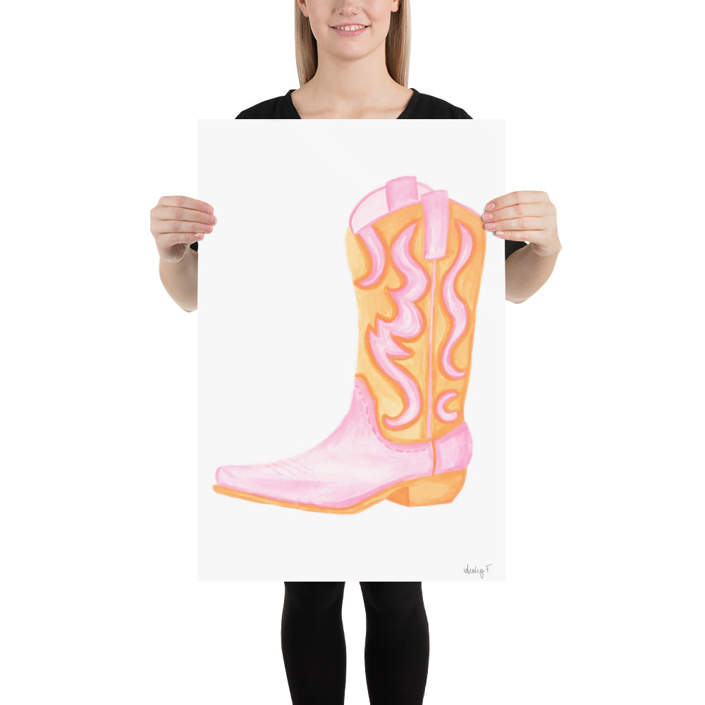 Print | Pink & Orange Cowboy Boot | Cowgirl Art | Dorm Decor | Southern | Preppy | Western | Coastal Cowgirl | Pink and Orange Wall Art