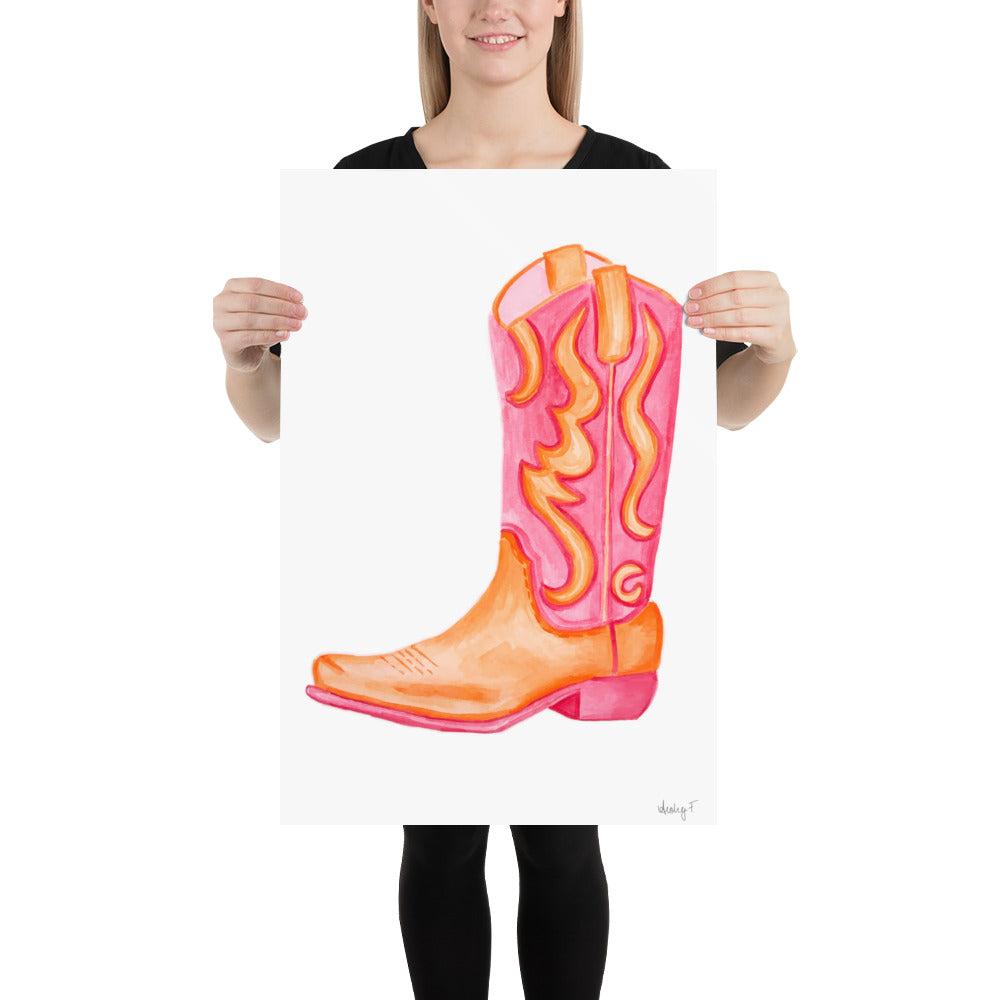 Print | Hot Pink & Orange Cowboy Boot Watercolor |  Coastal Cowgirl Southern Rustic Western Colorful Fun Dorm Room Poster Decor