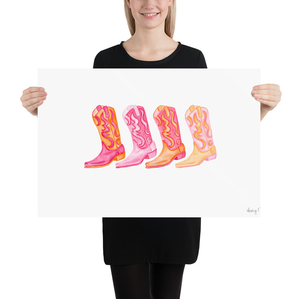 Print | Row of Mini Hot Pink & Orange Cowboy Boots Watercolor | Coastal Cowgirl Southern Rustic Western Colorful Fun Dorm Room Poster Decor