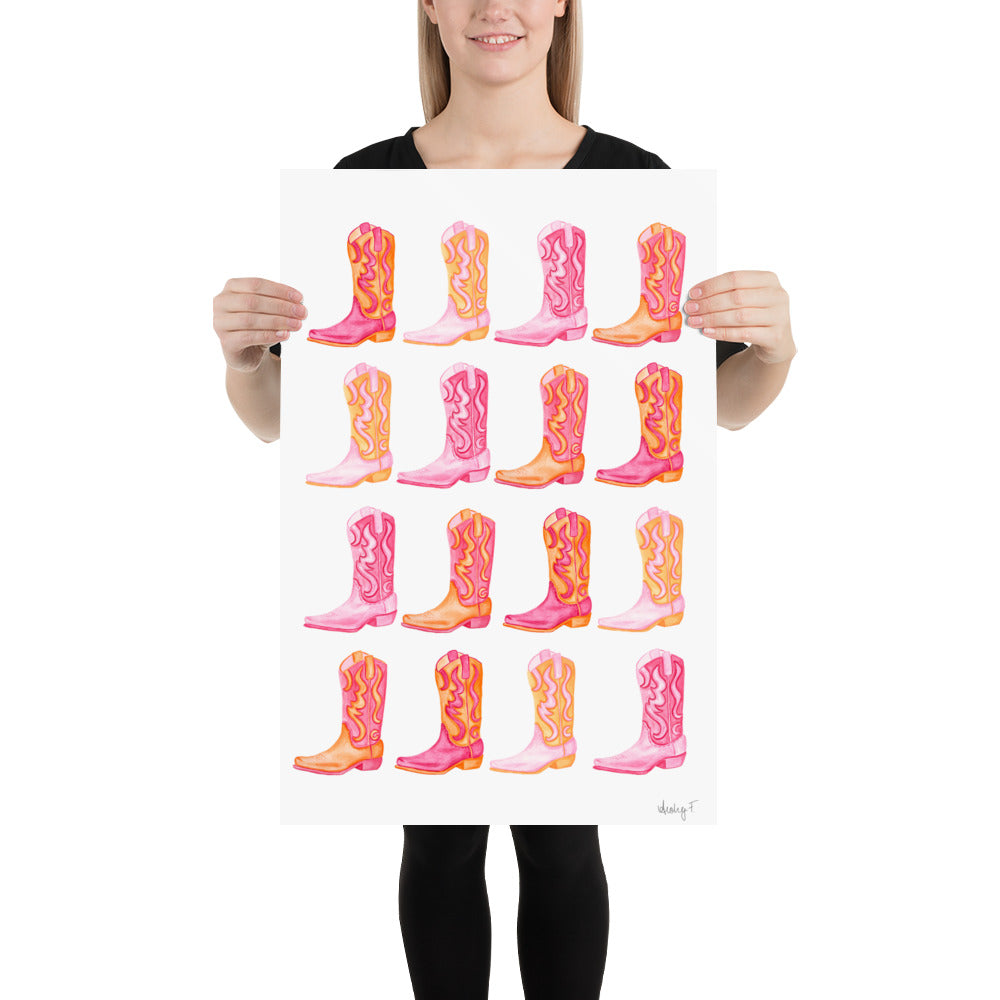 Print | Rows of Mini Hot Pink & Orange Cowboy Boots Watercolor |  Coastal Cowgirl Southern Rustic Western Colorful Fun Dorm Room Poster Decor