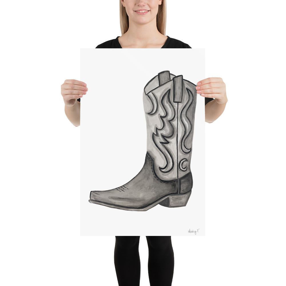 Print | Black & Gray Tonal Watercolor Cowboy Boot Painting Post | Rustic Decor | Southern | Western