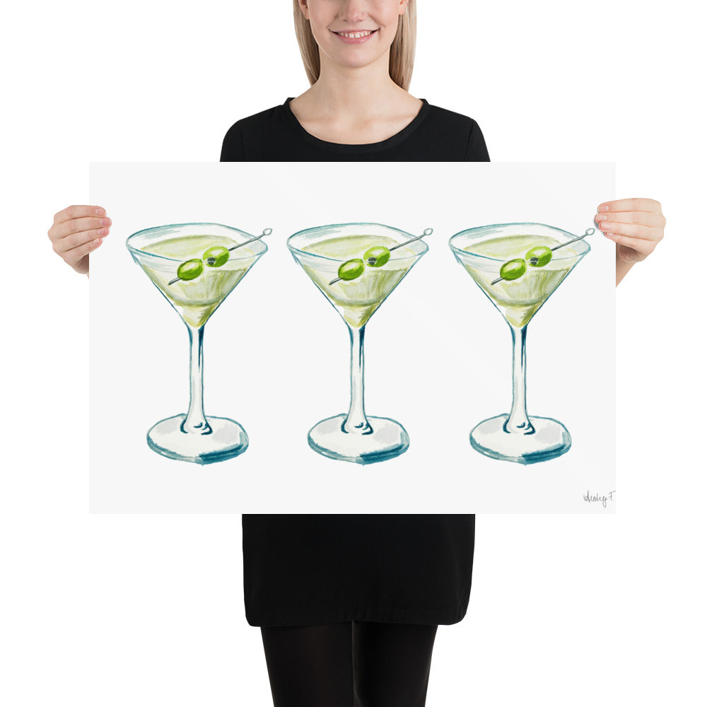 Print | Watercolor Green & Blue Martini Trio Painting | Bar Cart Decor | Cocktail Art Poster Poster