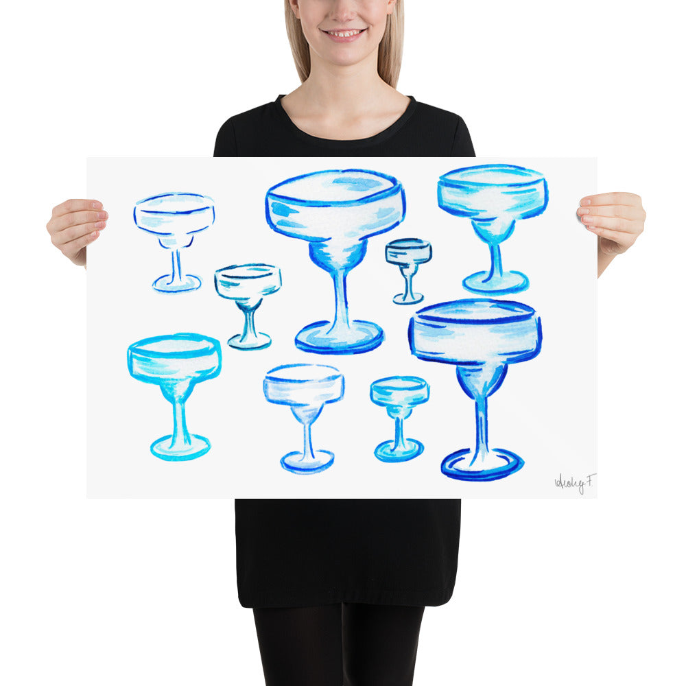 Print | Blue Margarita Glasses | Cocktail Bar Cart Kitchen Decor | Tequila | Coastal Cowgirl | Preppy Dorm