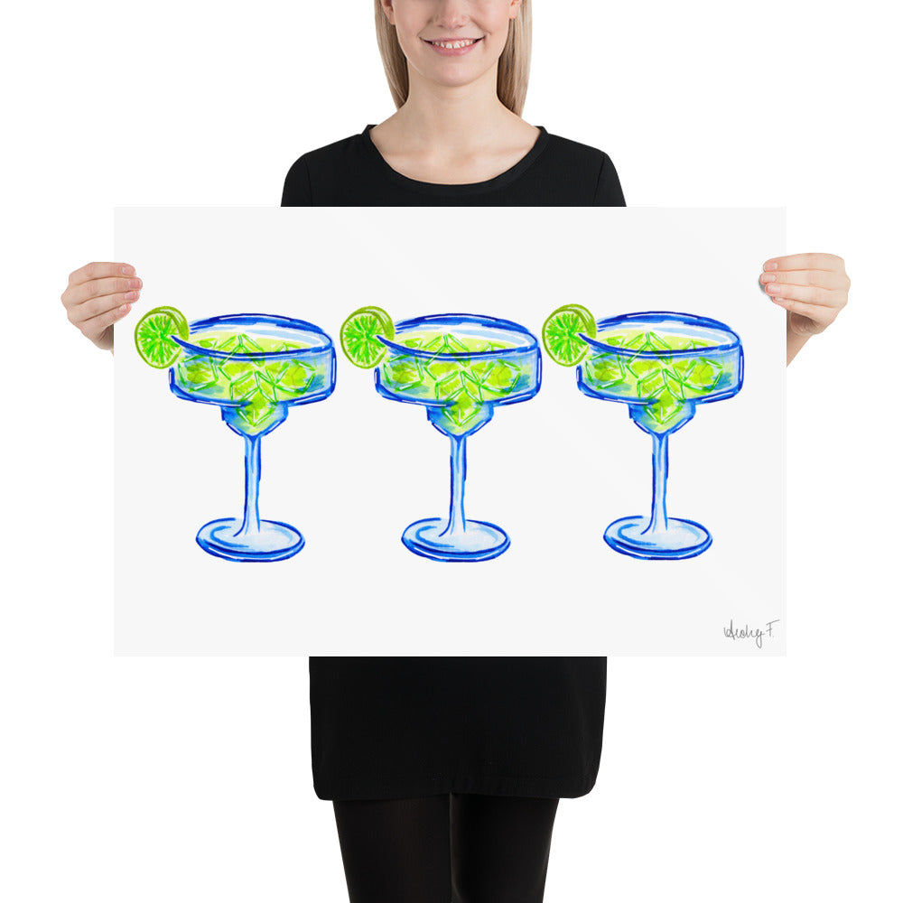Print | Bright Blue Tequila Margarita Watercolor Trio| Blue Green | Bar Cart Cocktail Kitchen Art Wall Decor | Coastal Cowgirl | Dorm Preppy