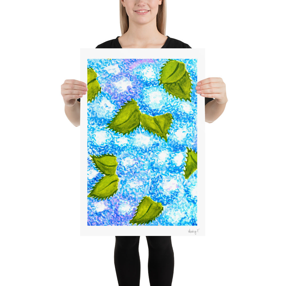Print | Blue Hydrangea Blooms Watercolor | Coastal Grand Millenial Wall Art Decor | Hamptons |Nantucket New England Summer Garden