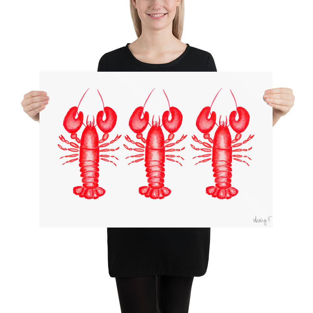 Print | Red Lobster Watercolor Trio | Coastal Nautical Ocean Decor Wall Art | New England Nantucket Capecod