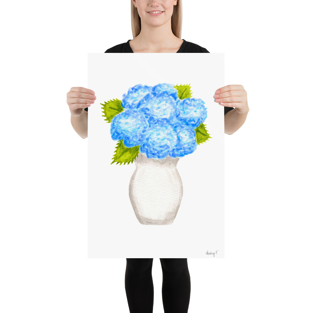 Print | Blue Hydrangea Blooms in Cream Vase Watercolor | Various Sizes