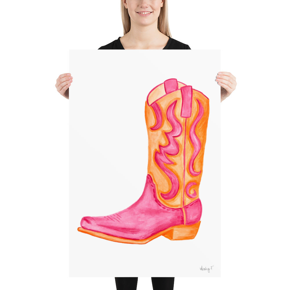Print | Hot Pink & Orange Cowboy Boot Watercolor | Coastal Cowgirl Southern Rustic Western Colorful Fun Dorm Room Poster Decor