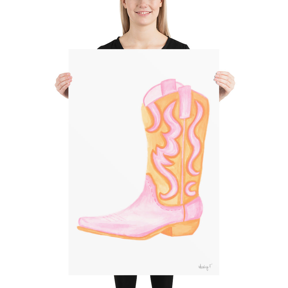 Print | Pink & Orange Cowboy Boot | Cowgirl Art | Dorm Decor | Southern | Preppy | Western | Coastal Cowgirl | Pink and Orange Wall Art