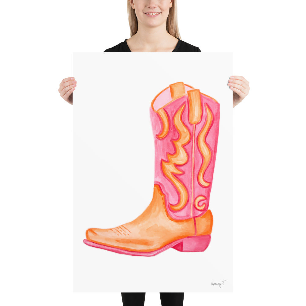 Print | Hot Pink & Orange Cowboy Boot Watercolor |  Coastal Cowgirl Southern Rustic Western Colorful Fun Dorm Room Poster Decor