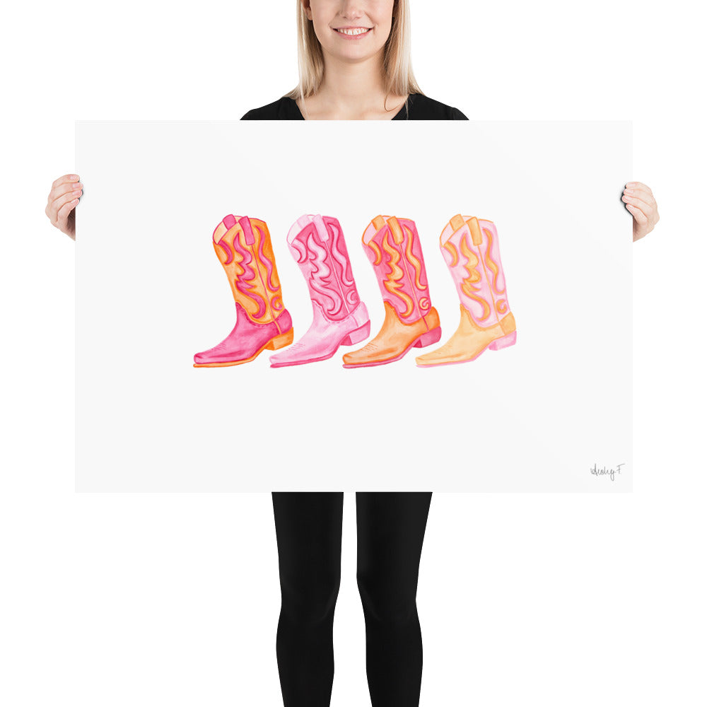 Print | Row of Mini Hot Pink & Orange Cowboy Boots Watercolor | Coastal Cowgirl Southern Rustic Western Colorful Fun Dorm Room Poster Decor
