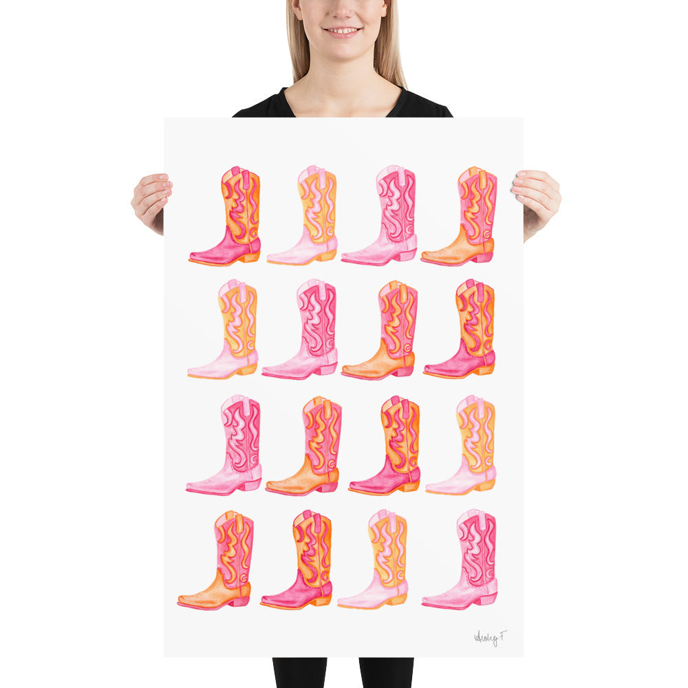 Print | Rows of Mini Hot Pink & Orange Cowboy Boots Watercolor |  Coastal Cowgirl Southern Rustic Western Colorful Fun Dorm Room Poster Decor