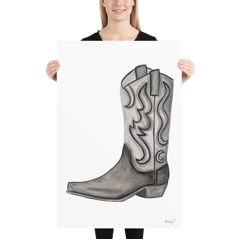 Print | Black & Gray Tonal Watercolor Cowboy Boot Painting Post | Rustic Decor | Southern | Western