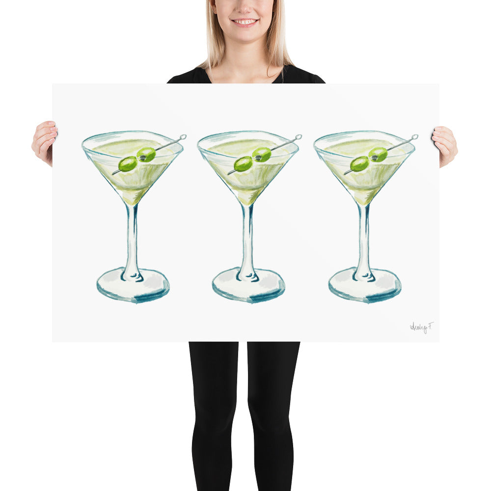 Print | Watercolor Green & Blue Martini Trio Painting | Bar Cart Decor | Cocktail Art Poster Poster