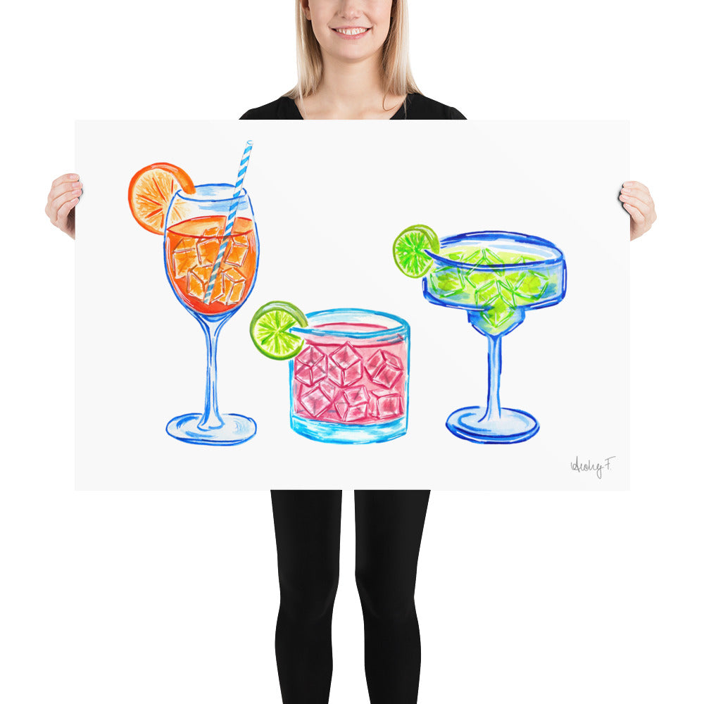 Print | Bright Cocktail Trio Aperol Spritz Margarita Paloma Watercolor | Various Sizes