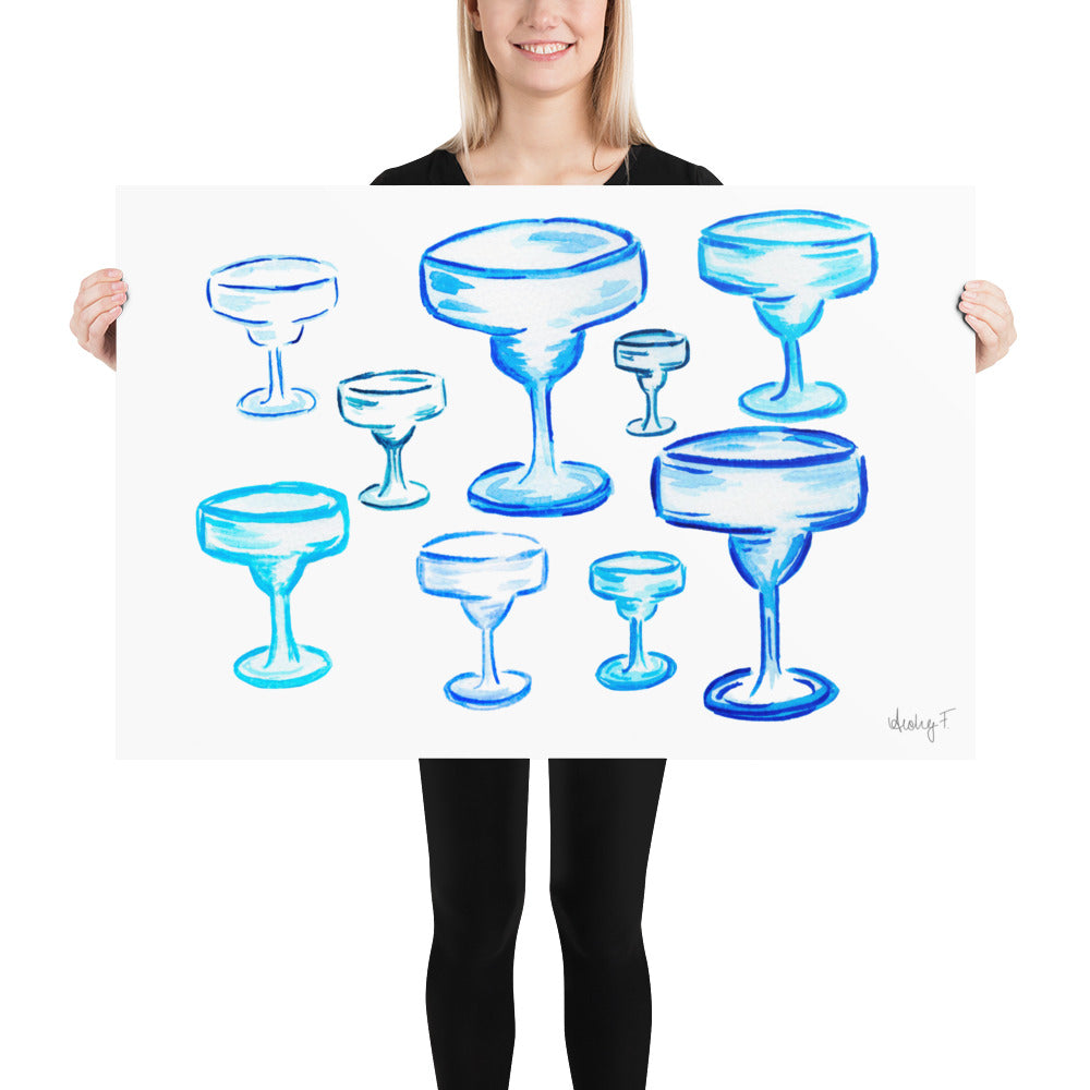 Print | Blue Margarita Glasses | Cocktail Bar Cart Kitchen Decor | Tequila | Coastal Cowgirl | Preppy Dorm