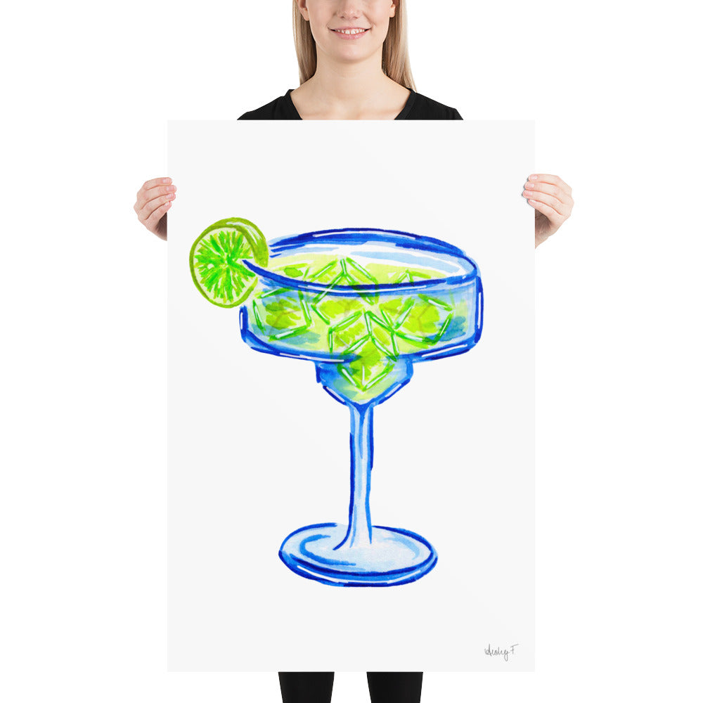 Print | Bright Blue Tequila Margarita Watercolor | Blue Green | Bar Cart Cocktail Kitchen Art Wall Decor | Coastal Cowgirl | Dorm Preppy