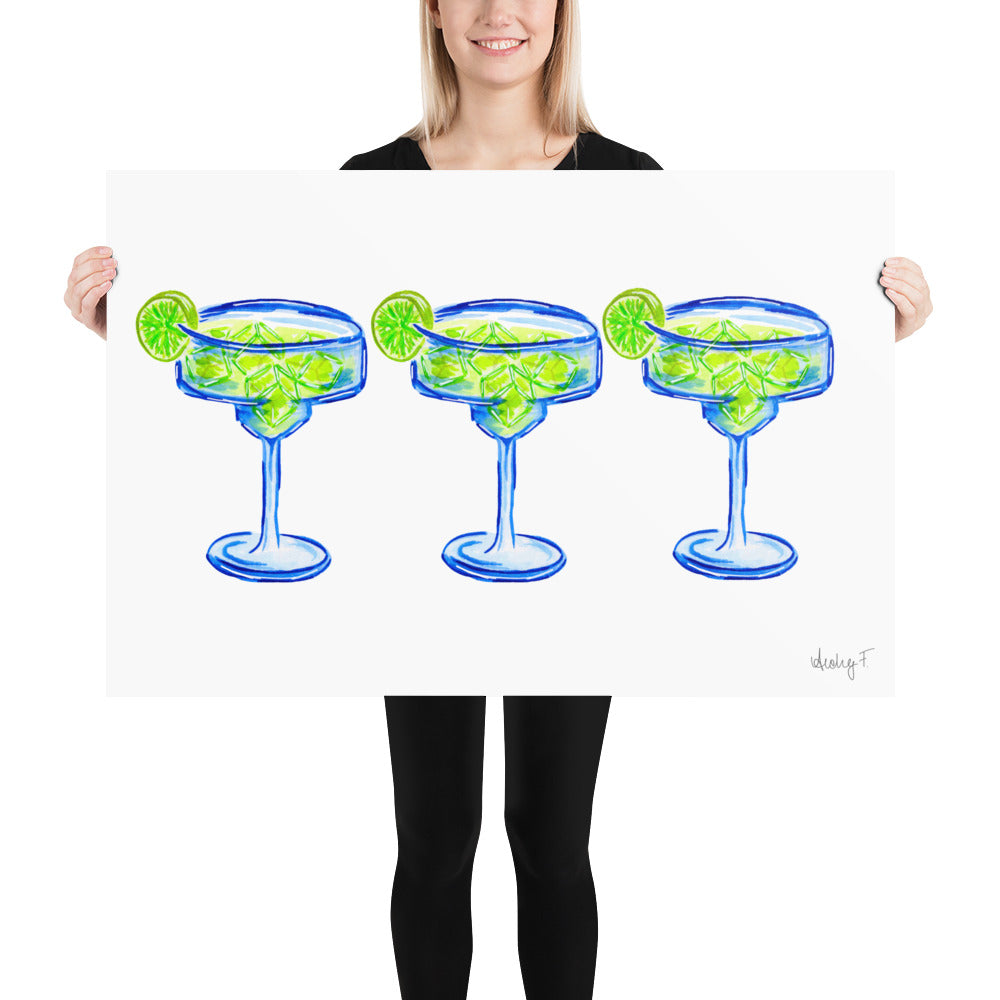 Print | Bright Blue Tequila Margarita Watercolor Trio| Blue Green | Bar Cart Cocktail Kitchen Art Wall Decor | Coastal Cowgirl | Dorm Preppy