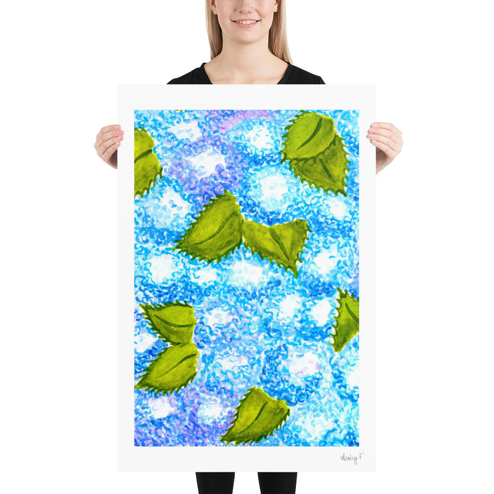 Print | Blue Hydrangea Blooms Watercolor | Coastal Grand Millenial Wall Art Decor | Hamptons |Nantucket New England Summer Garden