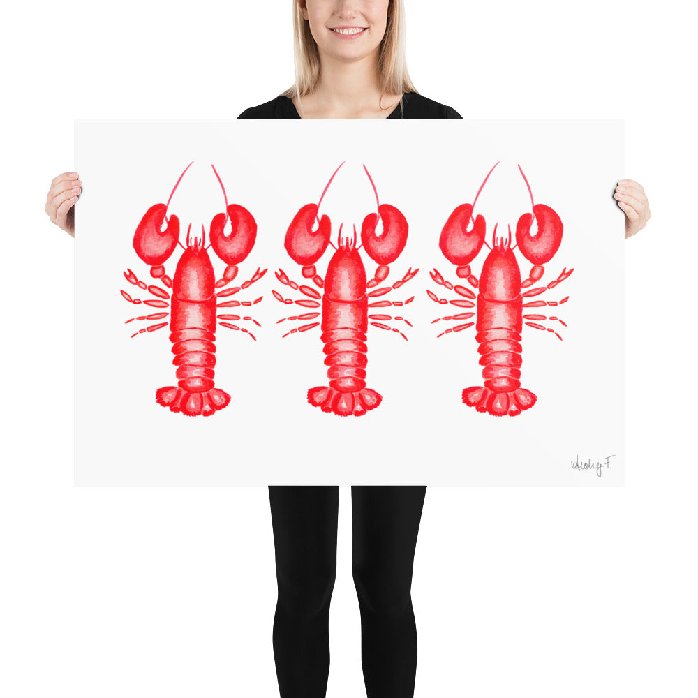 Print | Red Lobster Watercolor Trio | Coastal Nautical Ocean Decor Wall Art | New England Nantucket Capecod