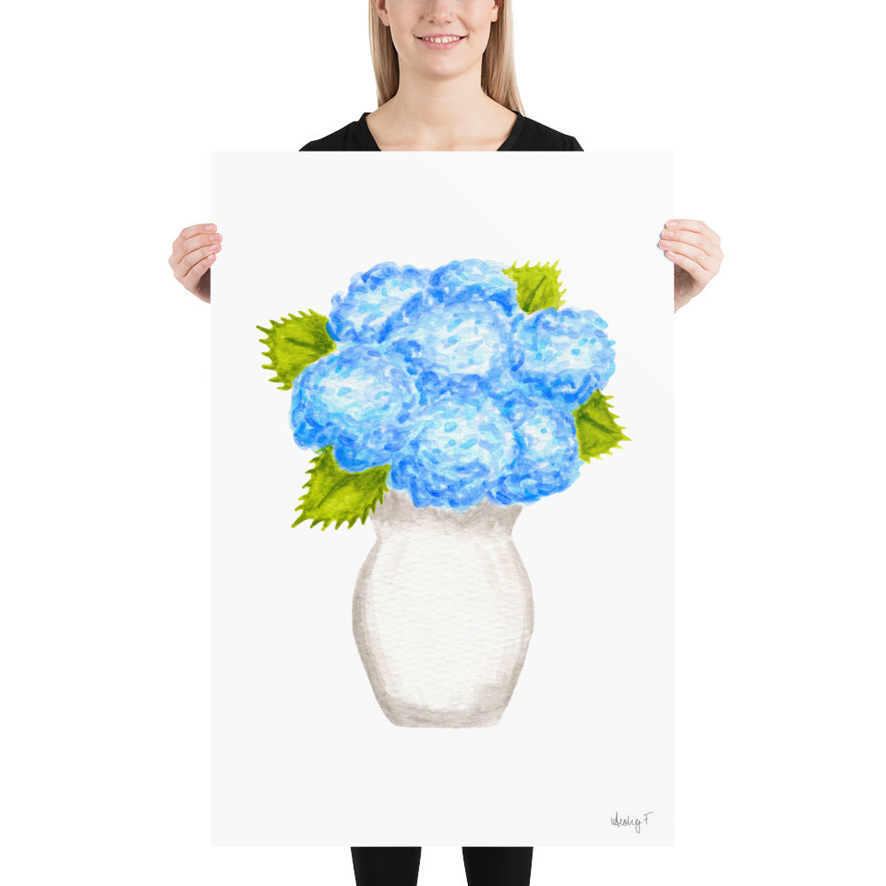 Print | Blue Hydrangea Blooms in Cream Vase Watercolor | Various Sizes