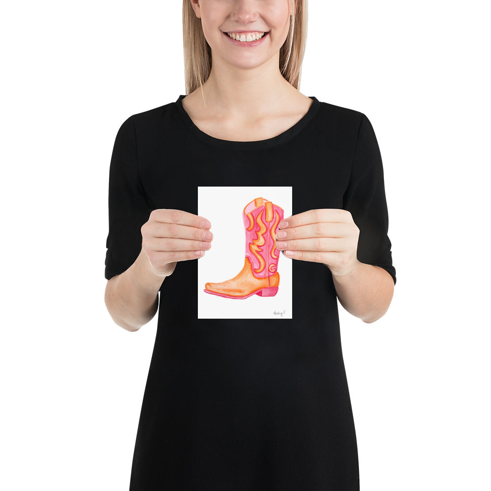 Print | Hot Pink & Orange Cowboy Boot Watercolor |  Coastal Cowgirl Southern Rustic Western Colorful Fun Dorm Room Poster Decor