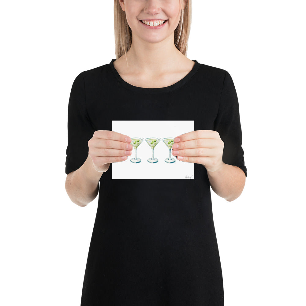 Print | Watercolor Green & Blue Martini Trio Painting | Bar Cart Decor | Cocktail Art Poster Poster