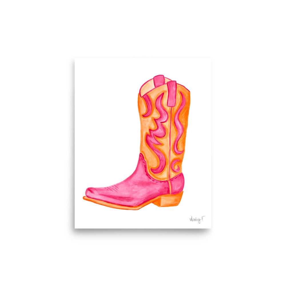 Print | Hot Pink & Orange Cowboy Boot Watercolor | Coastal Cowgirl Southern Rustic Western Colorful Fun Dorm Room Poster Decor