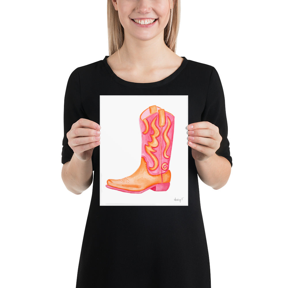 Print | Hot Pink & Orange Cowboy Boot Watercolor |  Coastal Cowgirl Southern Rustic Western Colorful Fun Dorm Room Poster Decor