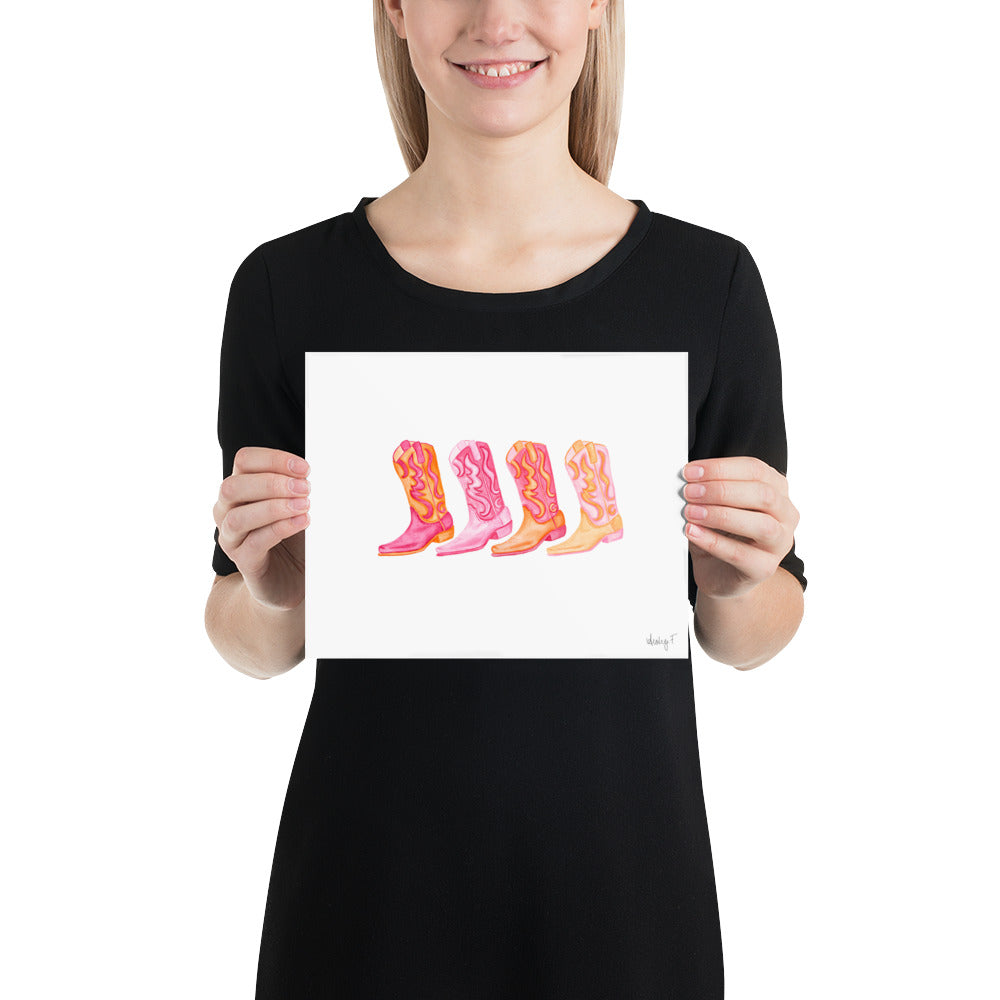 Print | Row of Mini Hot Pink & Orange Cowboy Boots Watercolor | Coastal Cowgirl Southern Rustic Western Colorful Fun Dorm Room Poster Decor