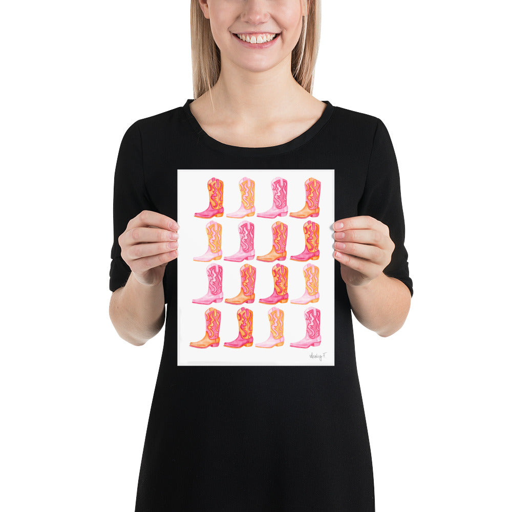 Print | Rows of Mini Hot Pink & Orange Cowboy Boots Watercolor |  Coastal Cowgirl Southern Rustic Western Colorful Fun Dorm Room Poster Decor