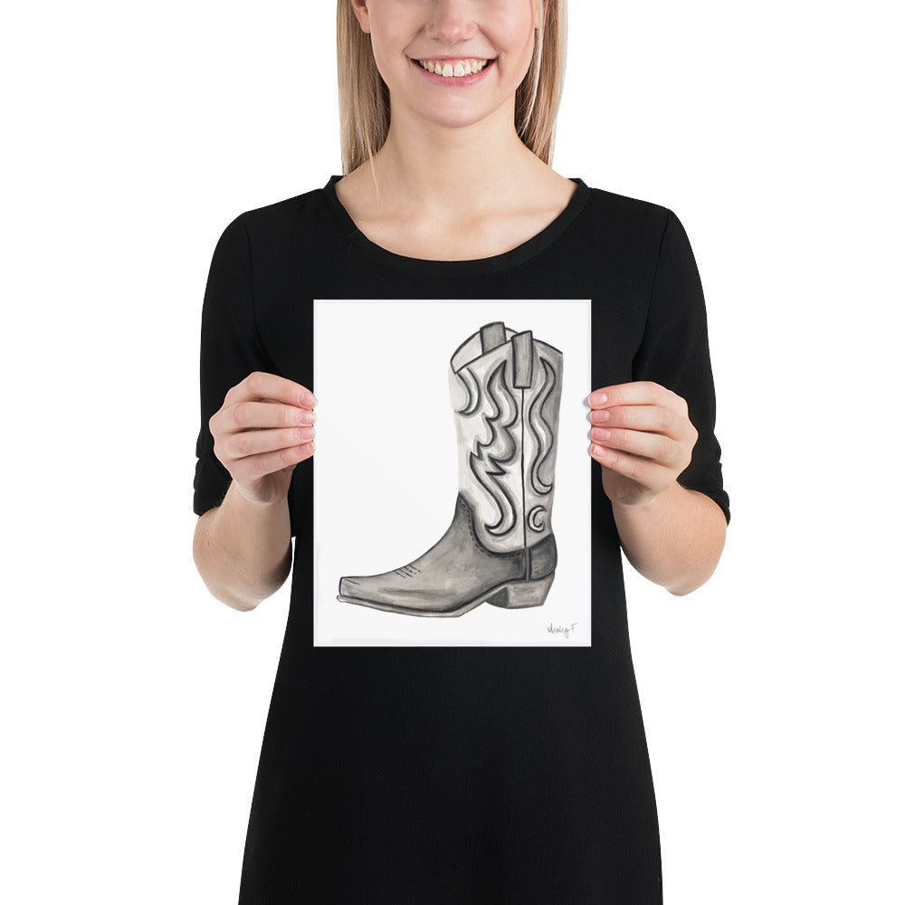 Print | Black & Gray Tonal Watercolor Cowboy Boot Painting Post | Rustic Decor | Southern | Western