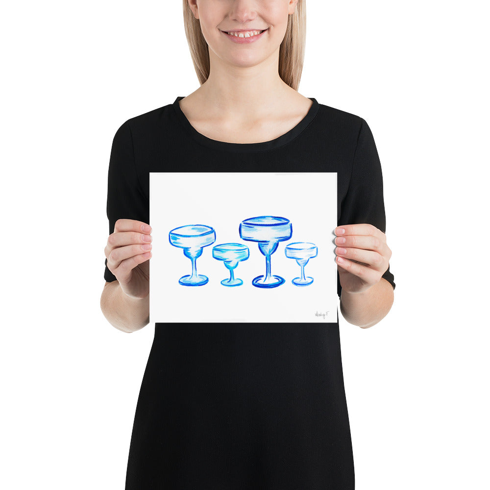 Print | Blue Margarita Glass Watercolor Quad | Bar Cart Cocktail Wall Art | Coastal Grandmother Preppy