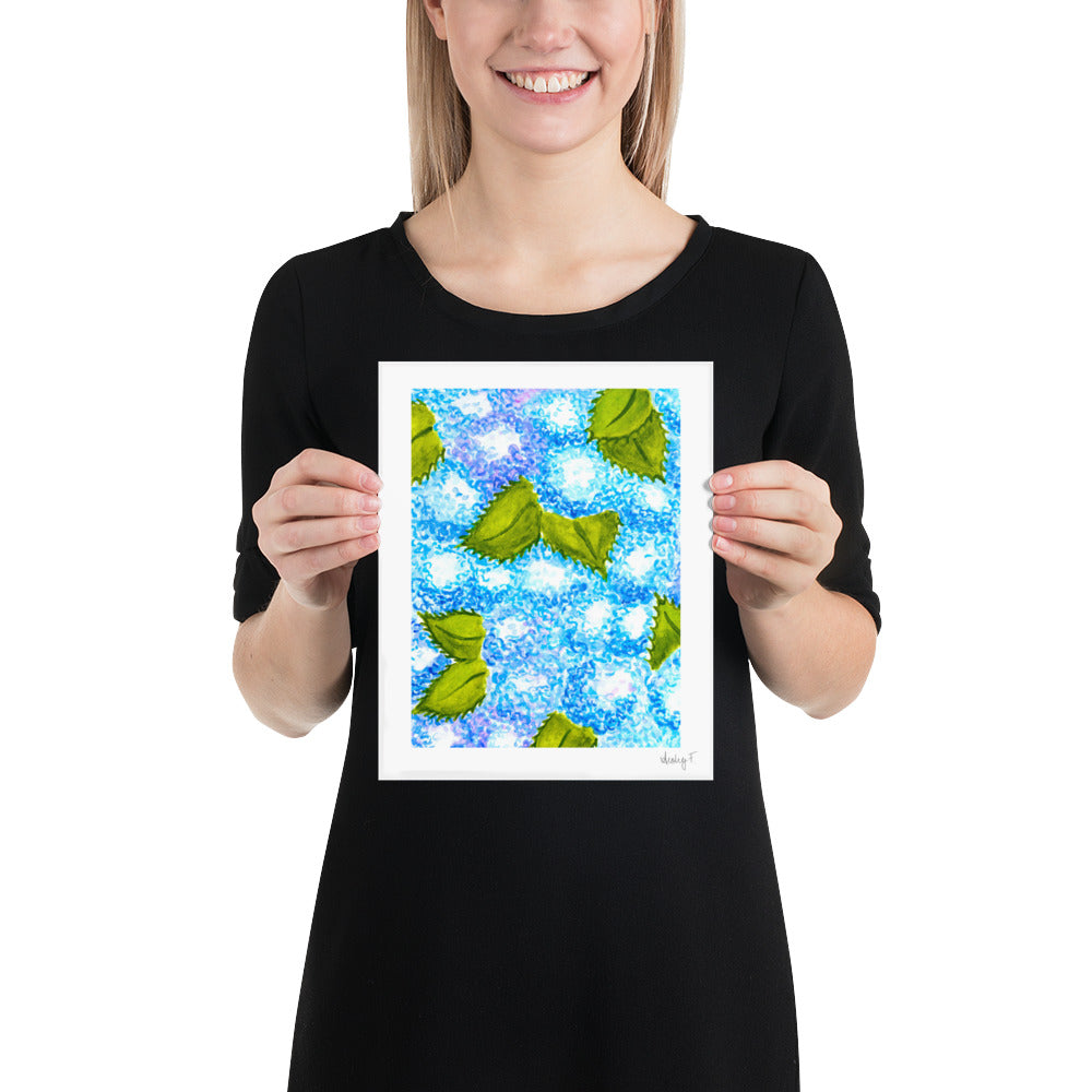 Print | Blue Hydrangea Blooms Watercolor | Coastal Grand Millenial Wall Art Decor | Hamptons |Nantucket New England Summer Garden