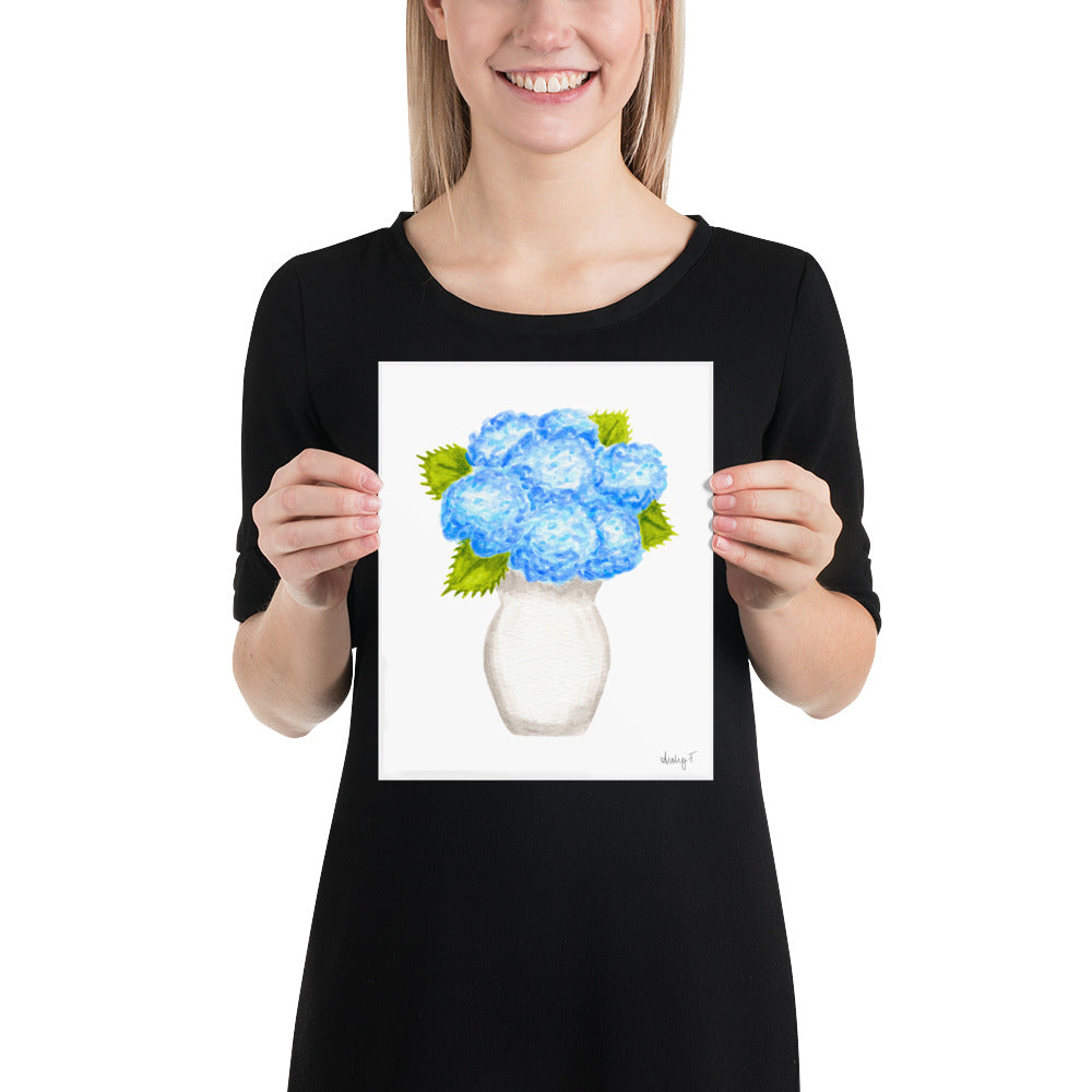 Print | Blue Hydrangea Blooms in Cream Vase Watercolor | Various Sizes