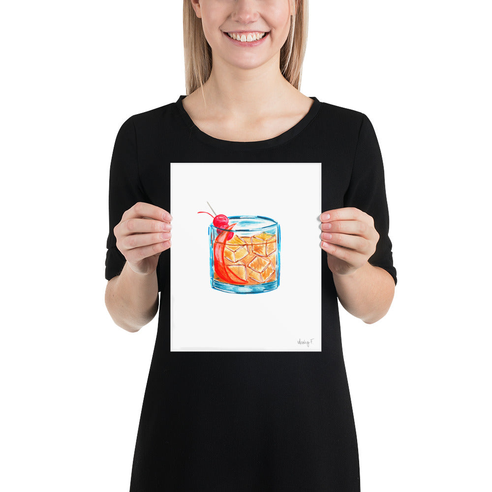 Print | Old Fashioned Whiskey Cocktail Watercolor | Bar Cart Kitchen Decor Poster | Whiskey | Beverage