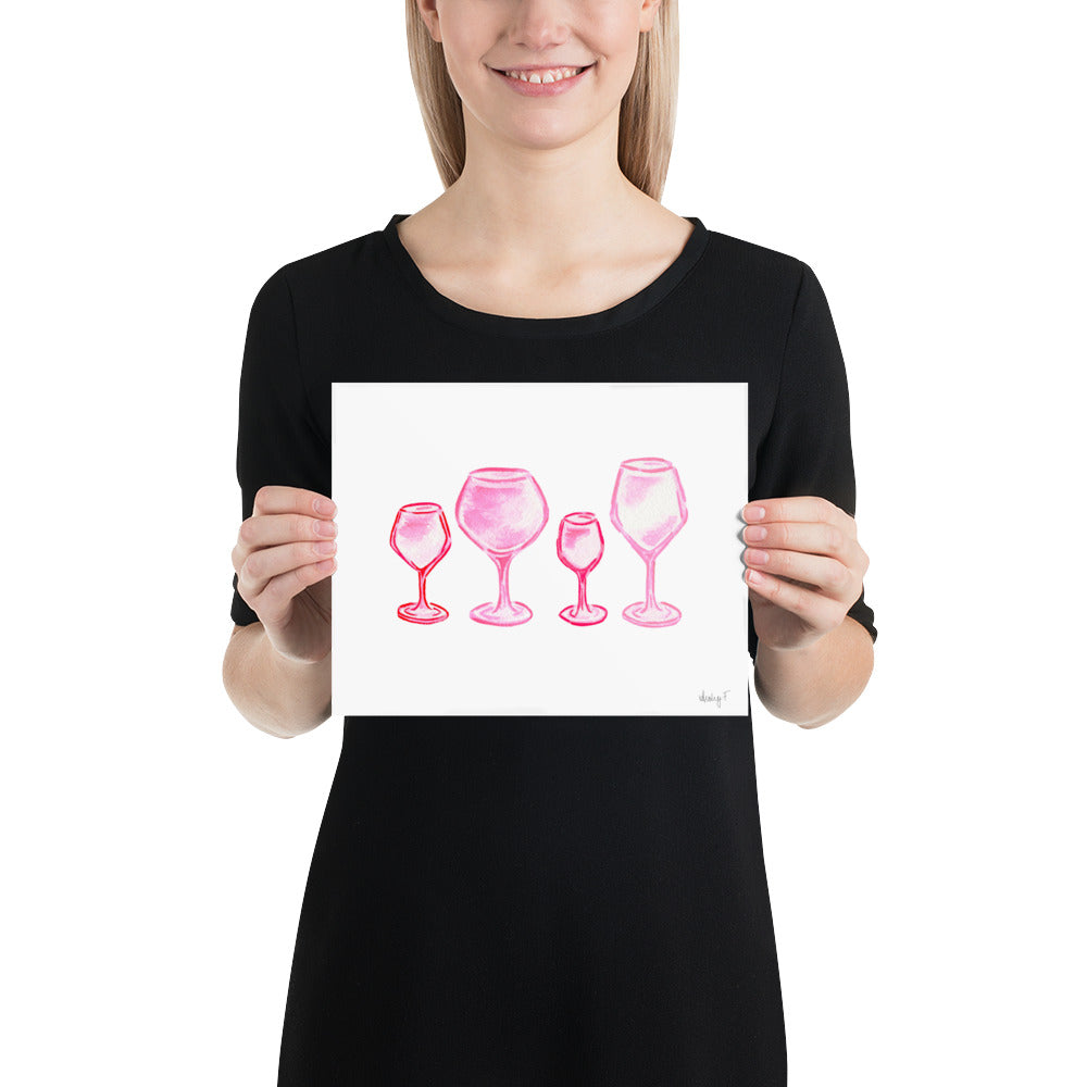 Print Pink Wine Glasses Watercolor Quad | Bar Cart Art Cocktail Wall Poster Kitchen