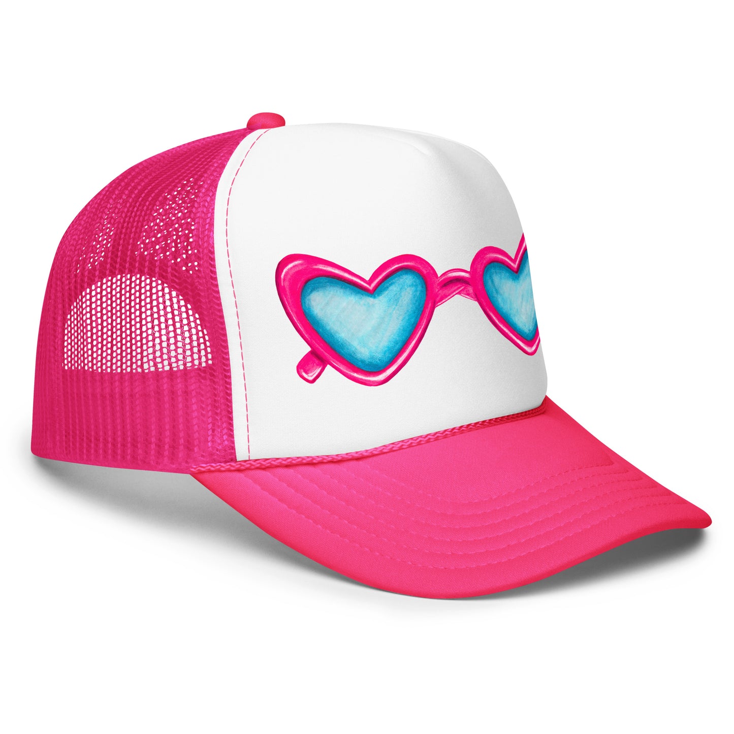 Trucker Hat | Hot Pink Heart Shaped Sunglasses Watercolor Illustration