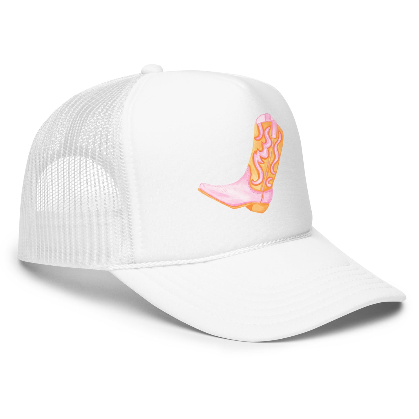 Light Pink & Orange Cowboy Boot Watercolor Printed Trucker Hat | Various Colors