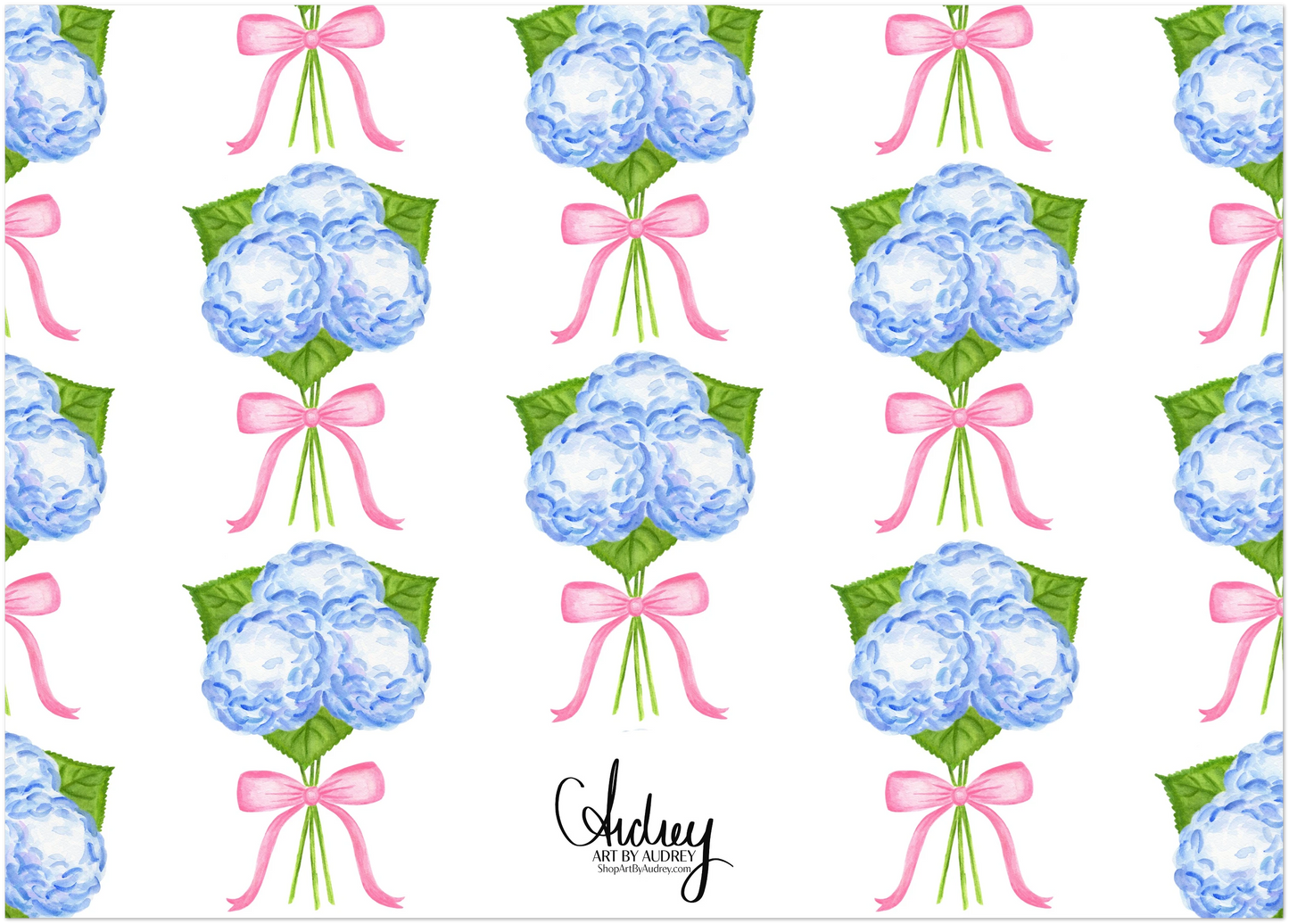Thank You Notes | Blue Hydrangeas with a Light Pink Bow Watercolor Illustration | Set of 10 Cards & Envelopes | 2 Sizes