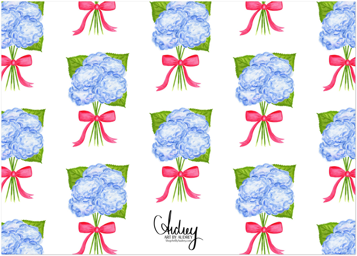 Personalized | Blue Hydrangeas with Hot Pink Bow Watercolor Illustration | Set of 10 Cards & Envelopes | 2 Sizes