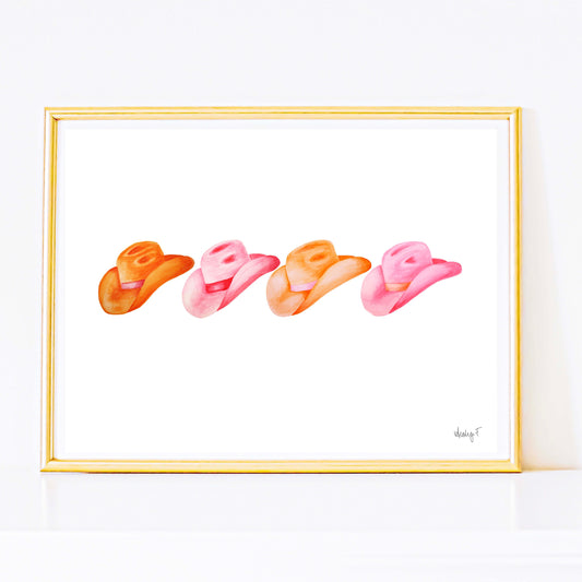 Print | Row of Hot Pink and Orange Cowboy Hats Watercolor |  Coastal Cowgirl Southern Rustic Western Colorful Fun Dorm Room Poster Decor