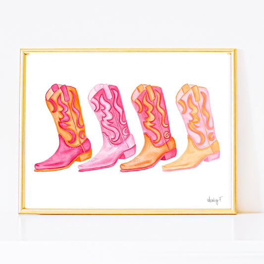Print | Row of Hot Pink & Orange Cowboy Boots Watercolor |  Coastal Cowgirl Southern Rustic Western Colorful Fun Dorm Room Poster Decor