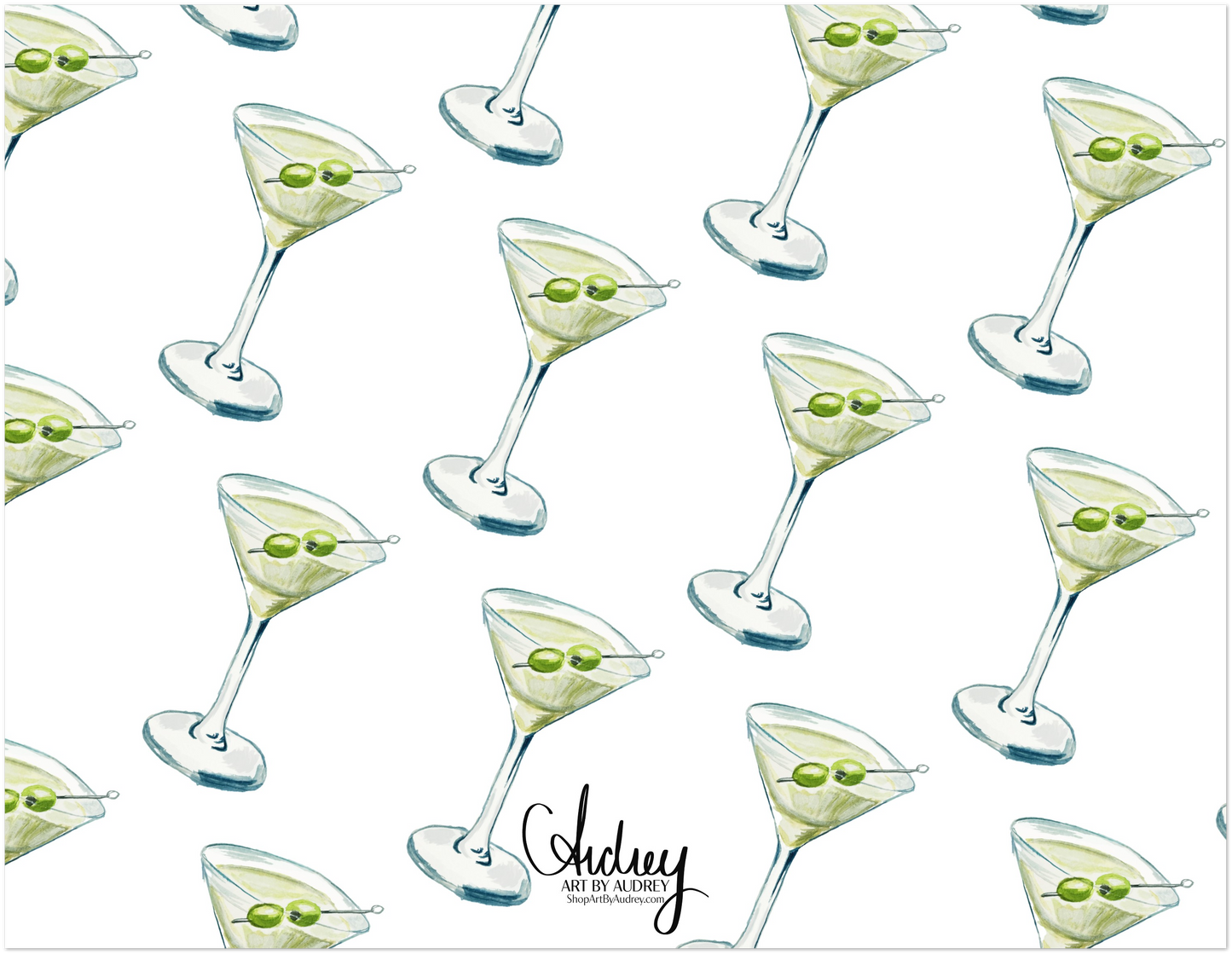 Personalized "Tini" Blue & Green Martini Watercolor Illustrated Stationery | Flat Notecards & Envelope Set of 10 | 2 Sizes