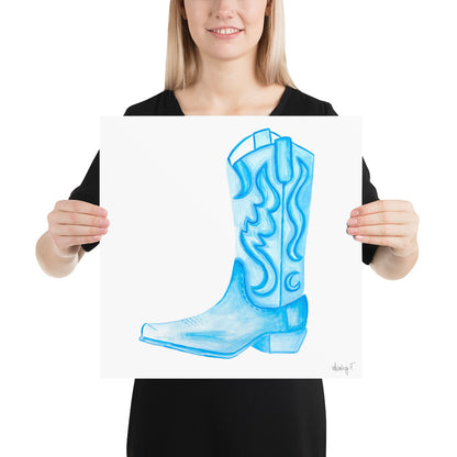 Print | Watercolor Light Blue Cowboy Boot 16″×16″