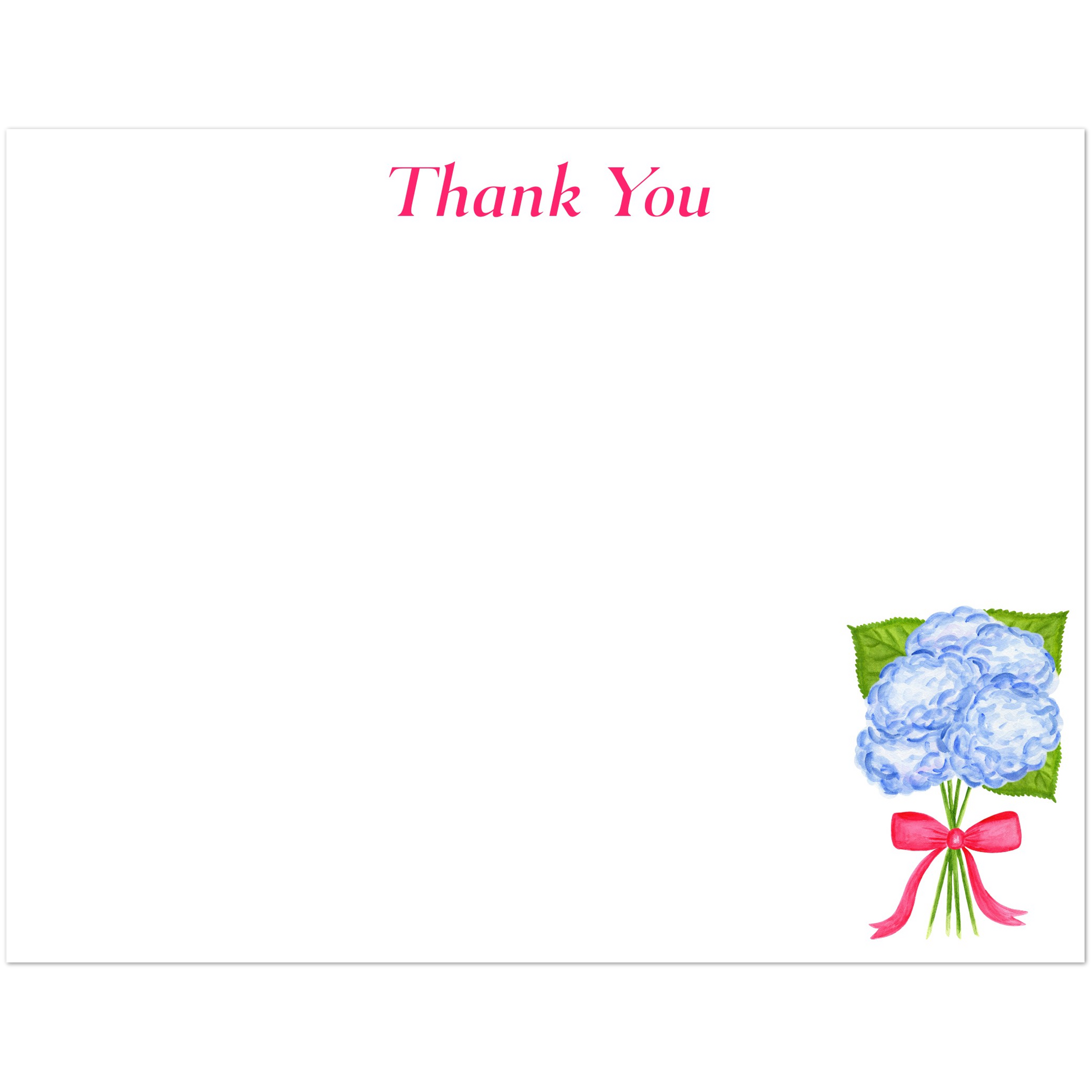 Thank You Cards | Blue Hydrangeas with a Hot Pink Bow Watercolor Illustration | Set of 10 Cards & Envelopes | 2 Sizes 4.25x5.5″ (SM)