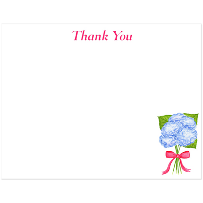 Thank You Cards | Blue Hydrangeas with a Hot Pink Bow Watercolor Illustration | Set of 10 Cards & Envelopes | 2 Sizes 4.25x5.5″ (SM)