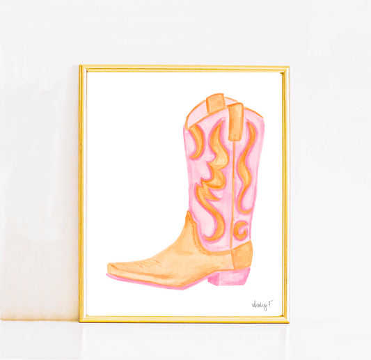 Print | Pink & Orange Cowboy Boot | Cowgirl Art | Dorm Decor | Southern | Preppy | Western | Coastal Cowgirl