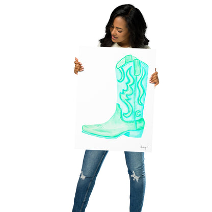 Print | Watercolor Mint Turquoise Cowboy Boot 18″×24″